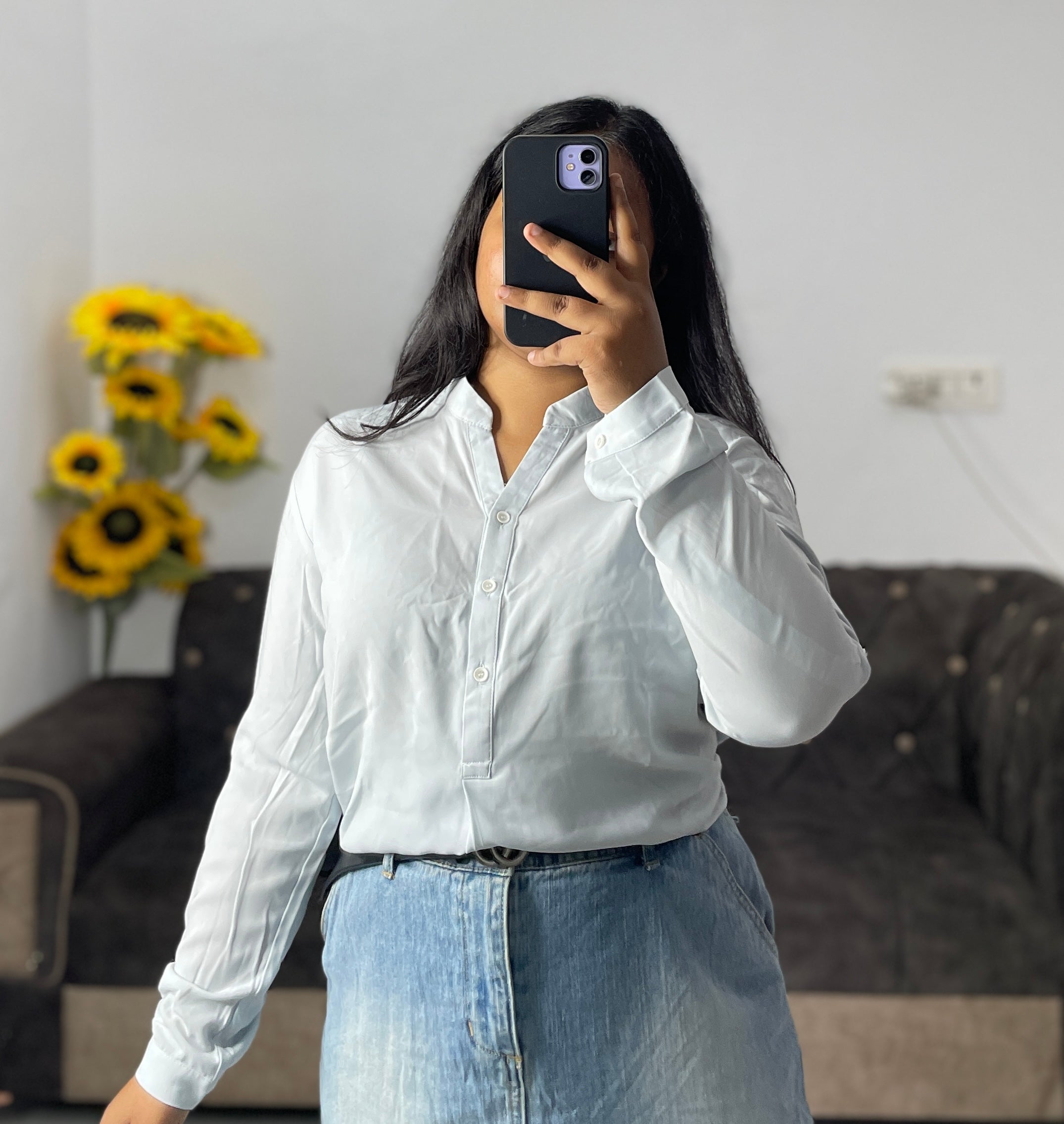 Half buttoned powder blue shirt top