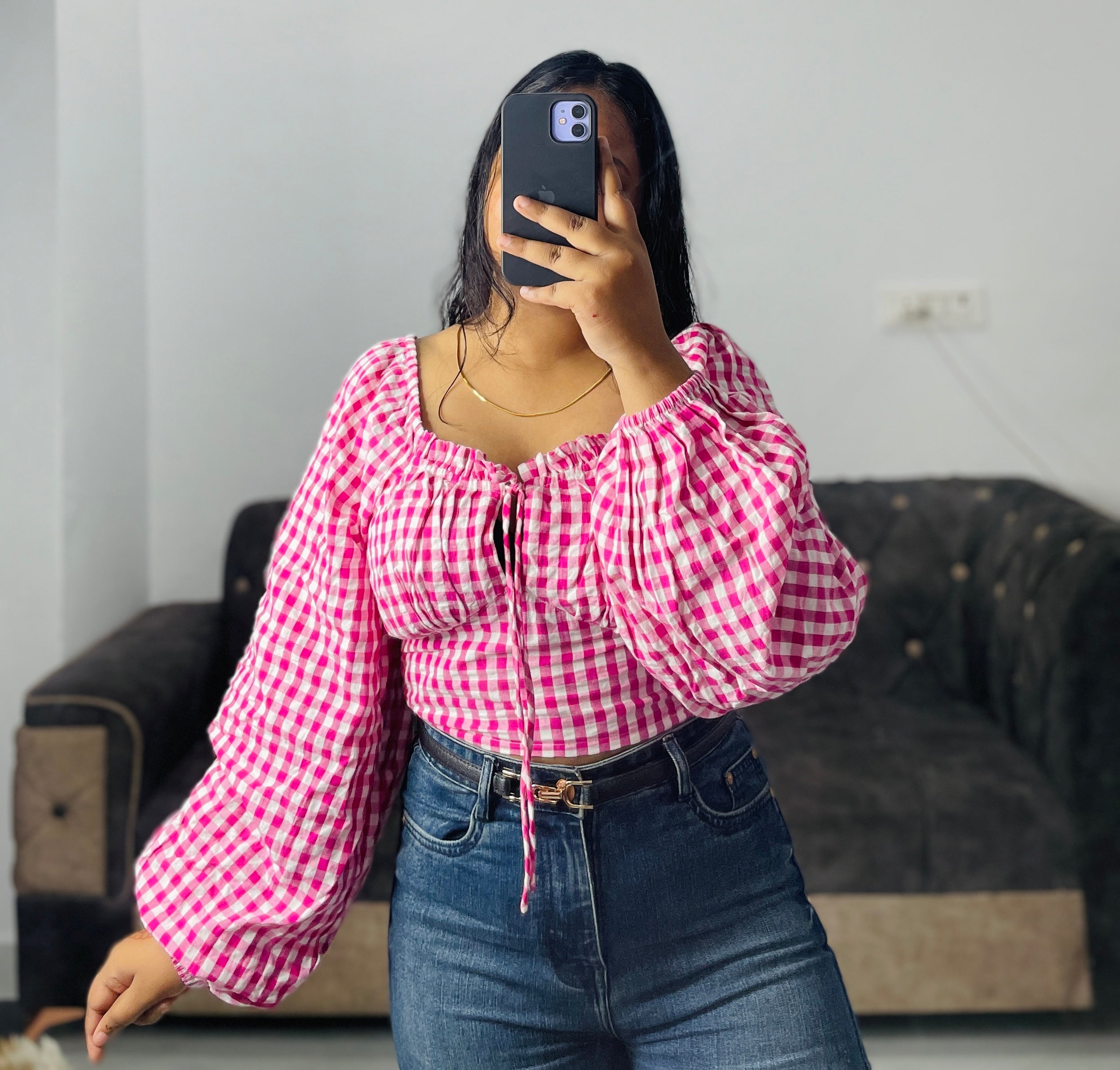 Plaid pink cute crop top