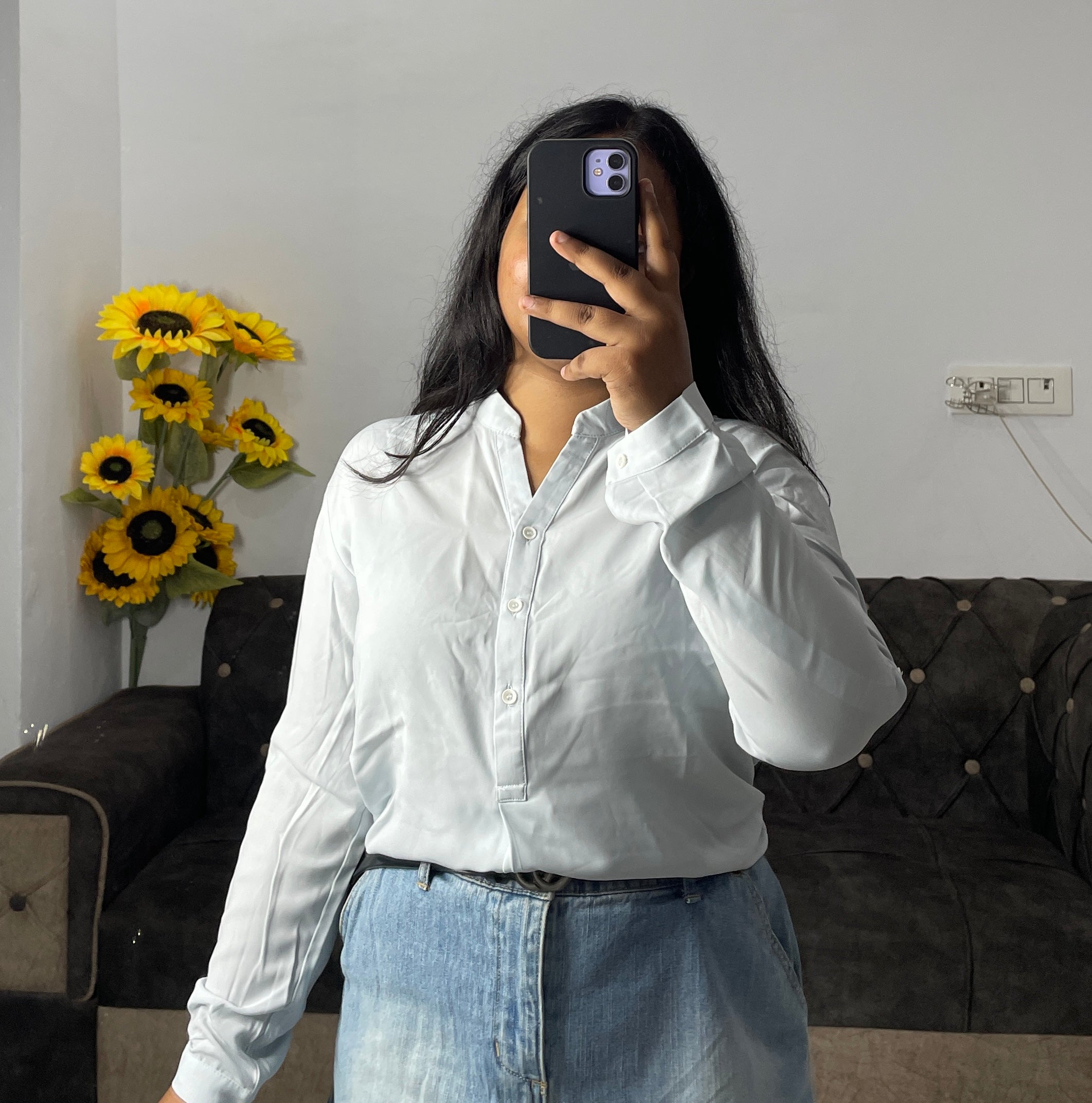 Half buttoned powder blue shirt top