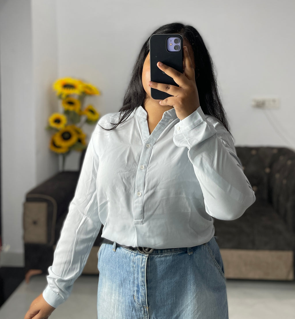 Half buttoned powder blue shirt top