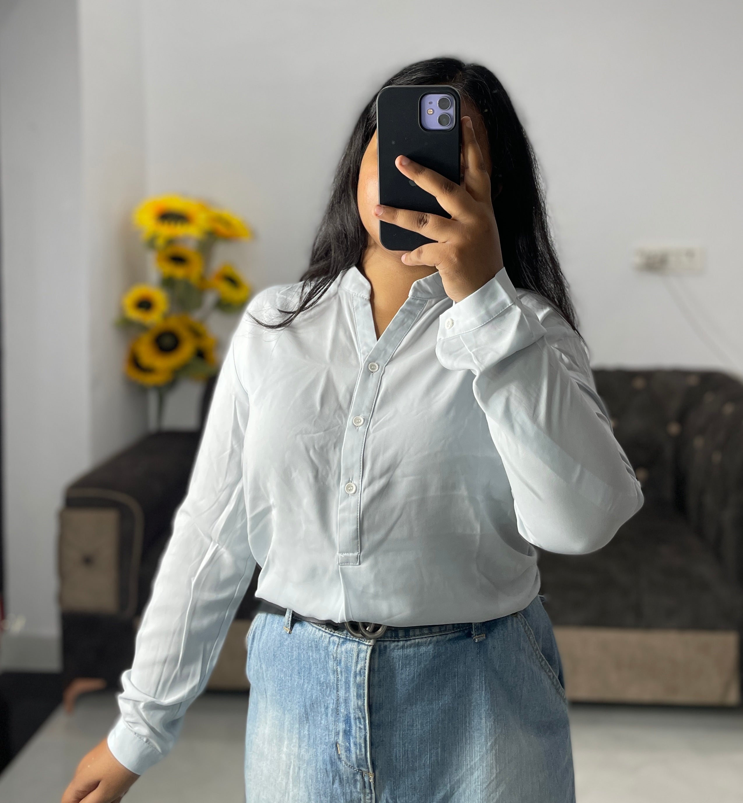 Half buttoned powder blue shirt top